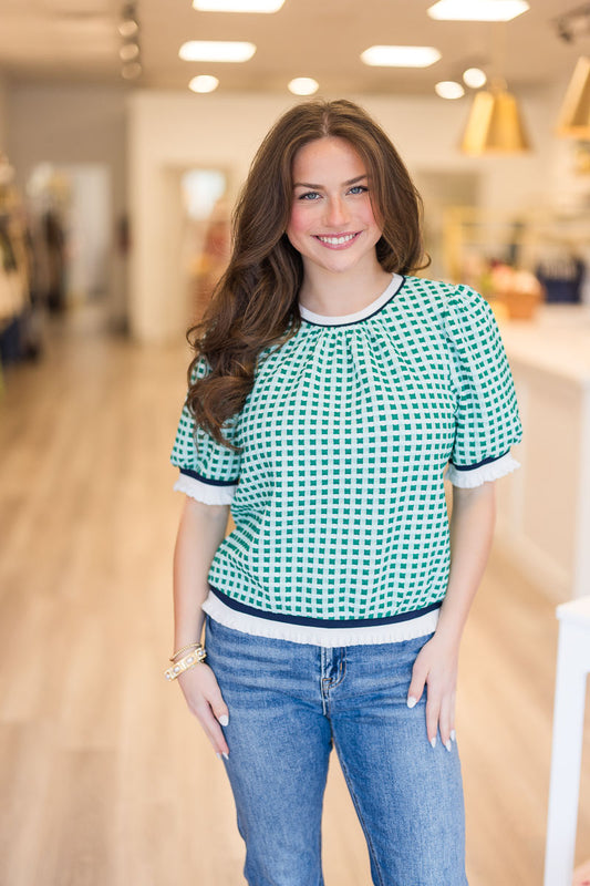 Puff Sleeve Striped Textured Plaid Knit Top