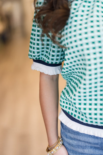 Puff Sleeve Striped Textured Plaid Knit Top