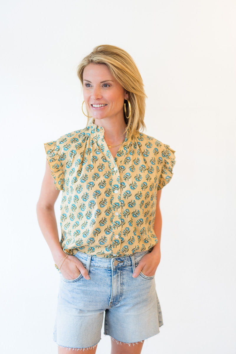 Ruffle Sleeve Flower Top in Khaki