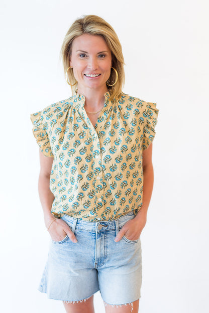 Ruffle Sleeve Flower Top in Khaki