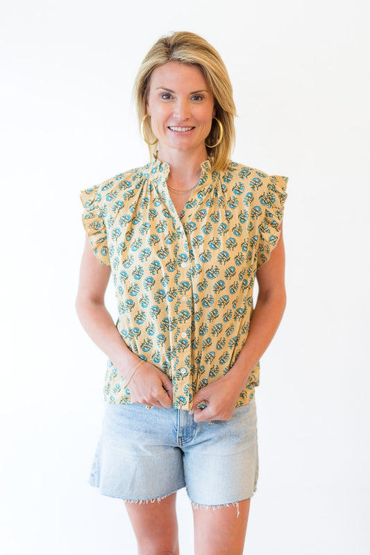Ruffle Sleeve Flower Top in Khaki