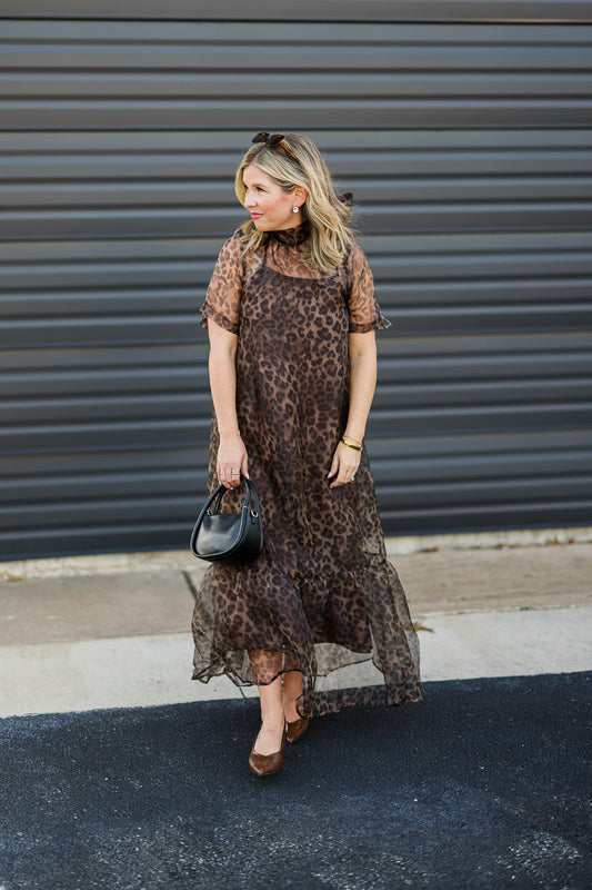Leopard Print Sheer Overlay Maxi Dress
