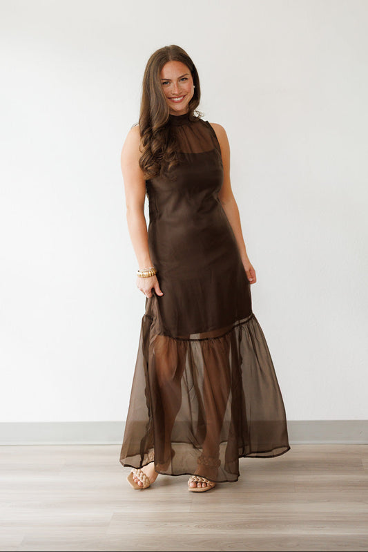 Meredith Mocha Mock Neck maxi Dress