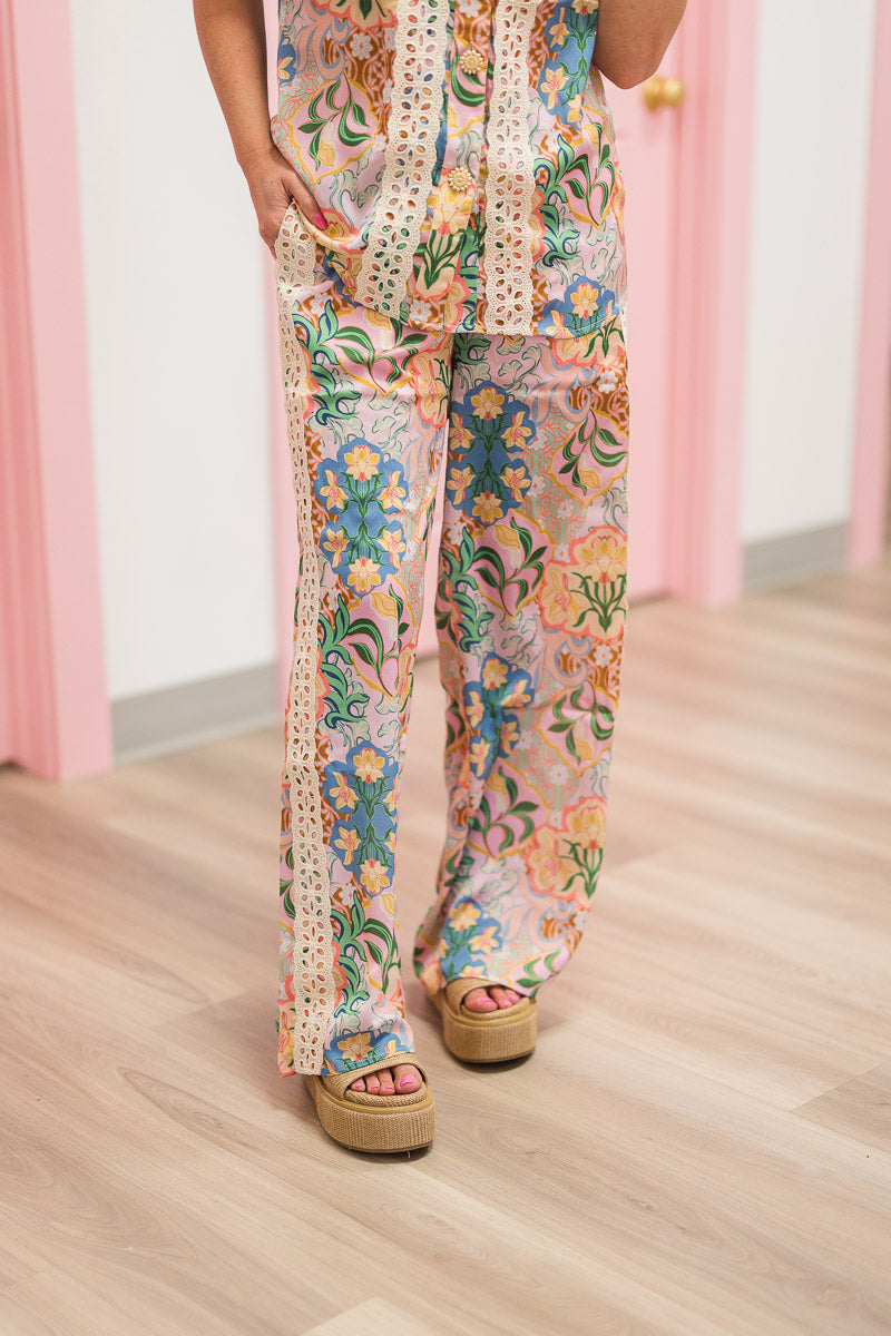 Garden Party Crochet Contrast Satin Pants