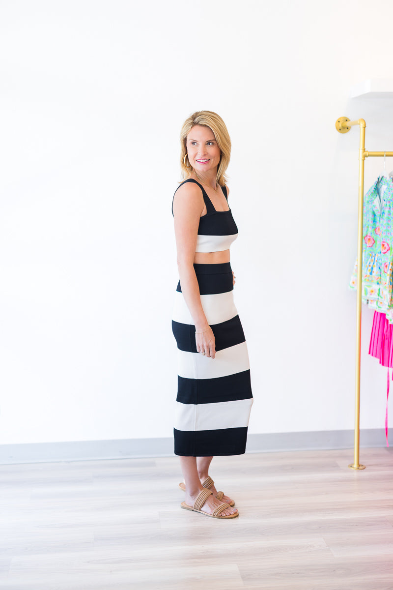 Rhea Bodycon Knit Midi Skirt in Black & White
