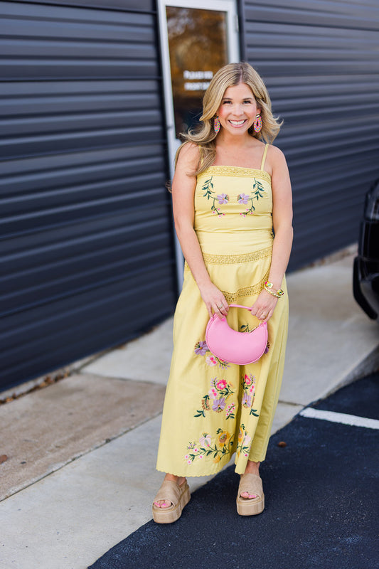 Embroidered Floral Lace Skirt Set in Yellow