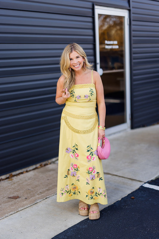 Embroidered Floral Lace Skirt Set in Yellow