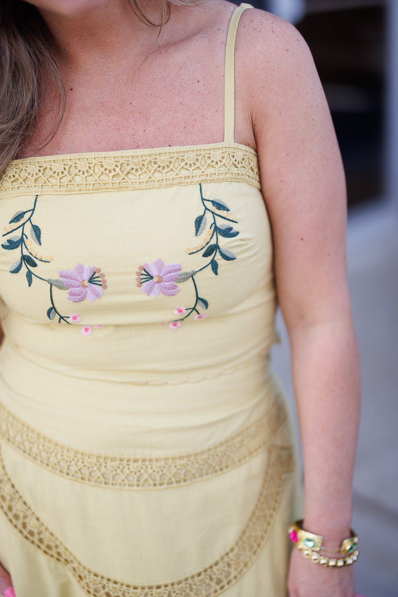 Embroidered Floral Lace Skirt Set in Yellow