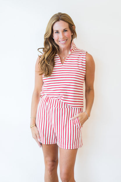 Pull On Shorts in Red & White Loop Terry