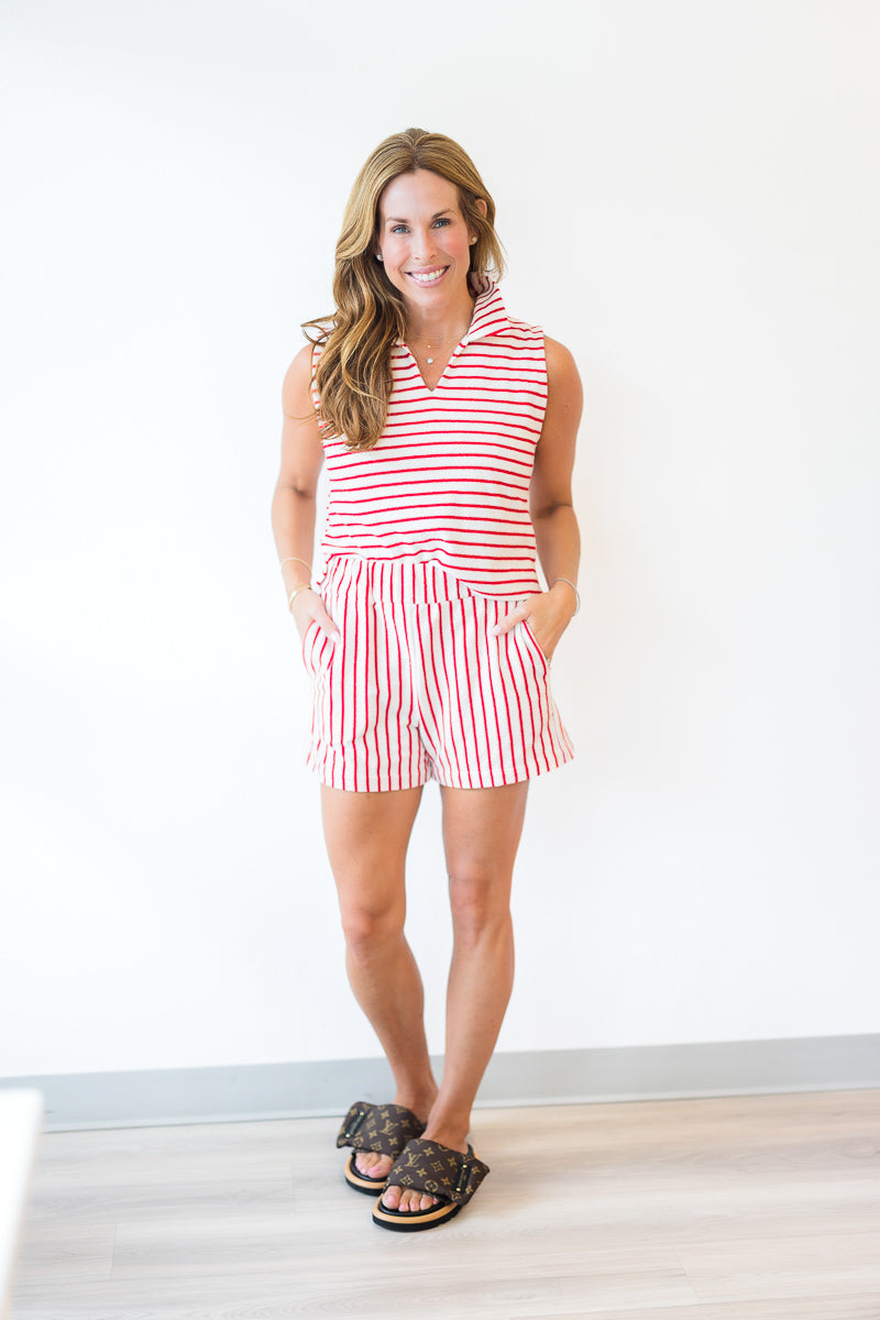 Pull On Shorts in Red & White Loop Terry