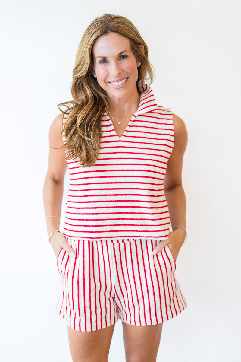 Pull On Shorts in Red & White Loop Terry