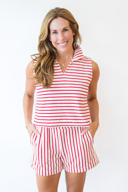 Pull On Shorts in Red & White Loop Terry