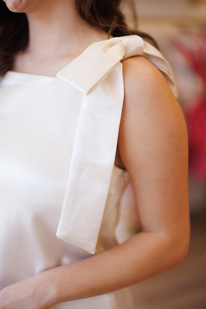 Velvet Satin Bow Mini Dress in Ivory