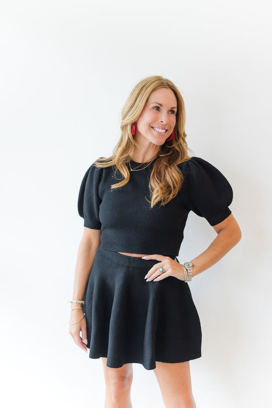 Puff SS Knit Top & Mini Skirt Set in Black