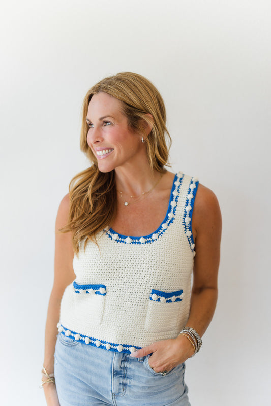 Clover Sweater Tank in White Blue
