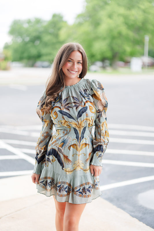 Blue Snake Garden Long Sleeve Mini Dress