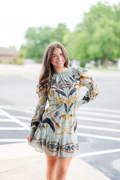 Blue Snake Garden Long Sleeve Mini Dress