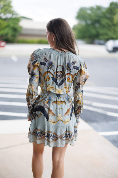 Blue Snake Garden Long Sleeve Mini Dress