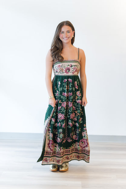 Green Flowering Garden Tree Sleveeless Midi Dress