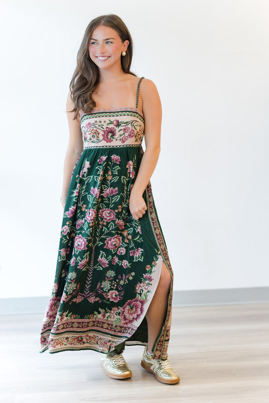 Green Flowering Garden Tree Sleveeless Midi Dress
