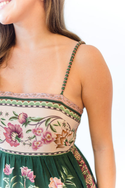 Green Flowering Garden Tree Sleveeless Midi Dress