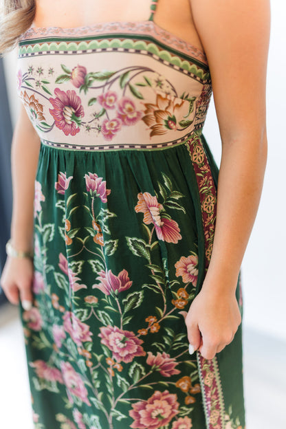 Green Flowering Garden Tree Sleveeless Midi Dress