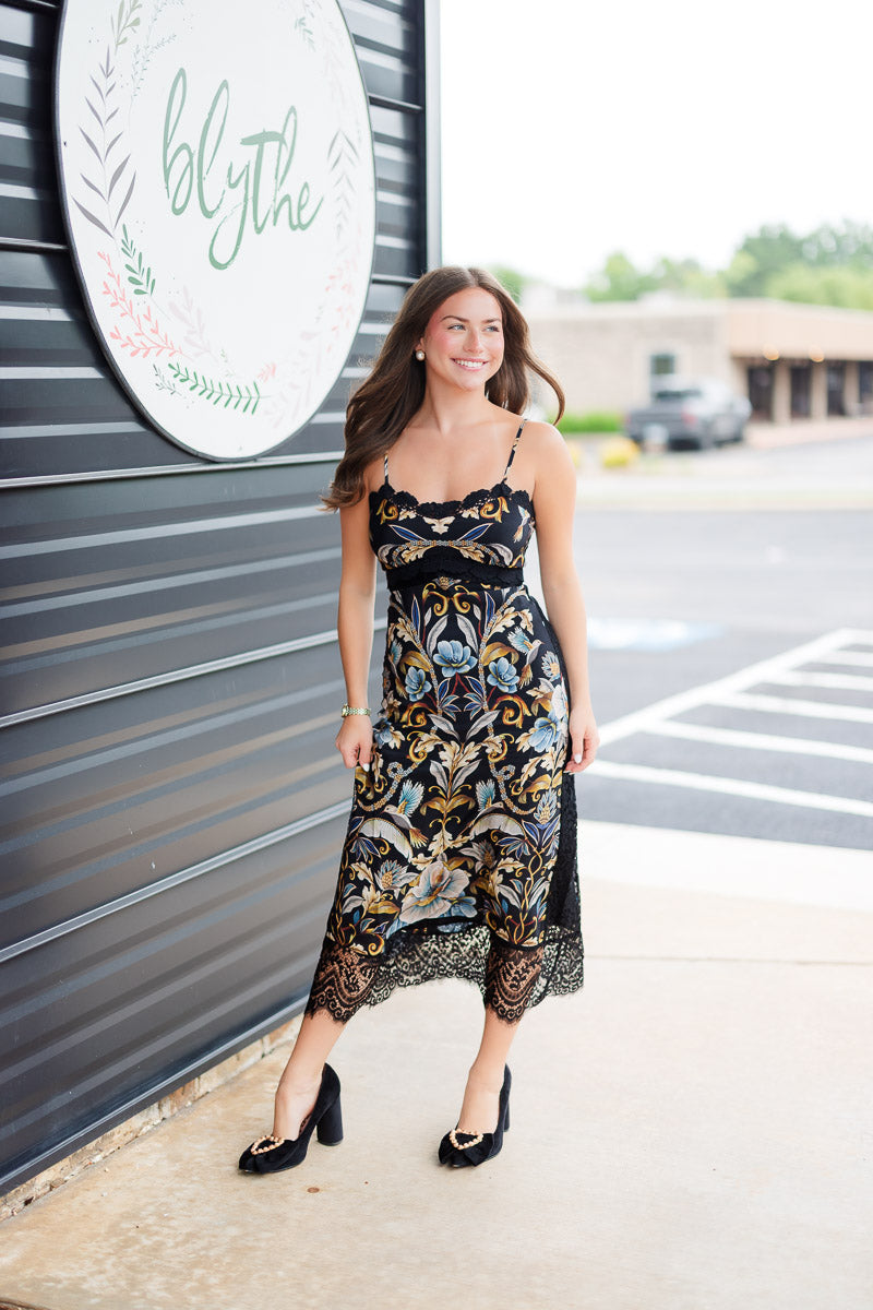 Black Flowerful Garden Midi Dress