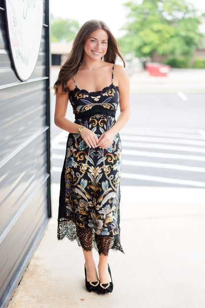 Black Flowerful Garden Midi Dress