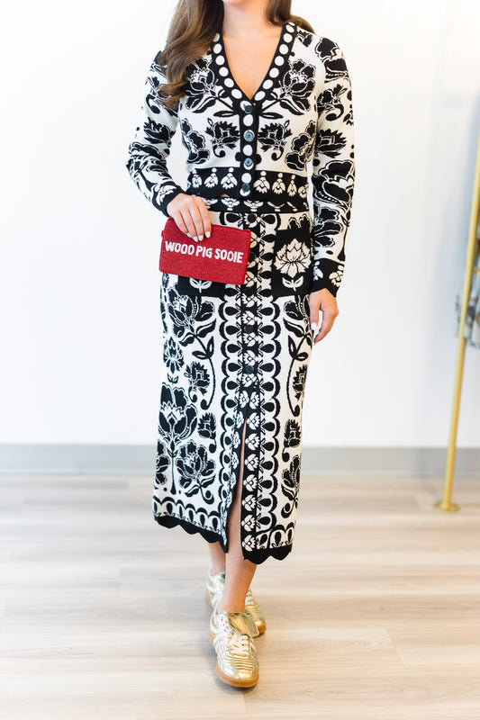 Floral Arabesque Knit Skirt in Black