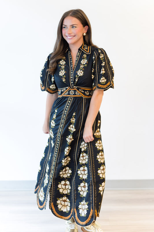 Midi Embroidered Flowers Dress in Black
