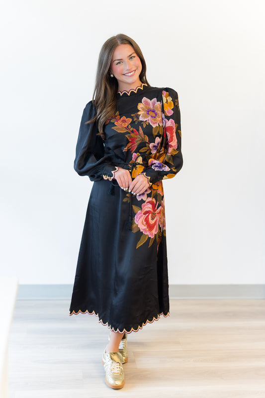 Chenille Flowers Midi Dress in Black
