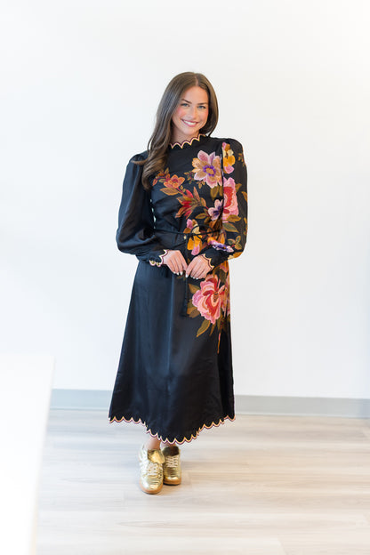 Chenille Flowers Midi Dress in Black