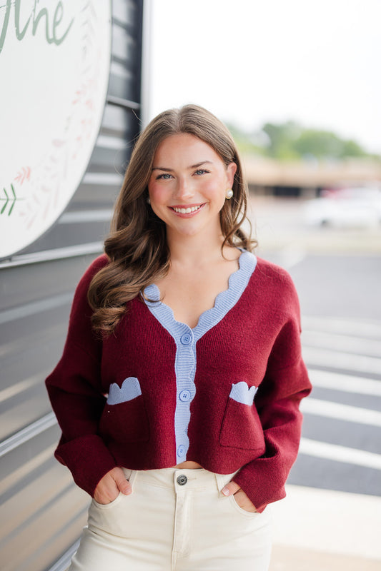 Scallop Edge Cardigan in Wine