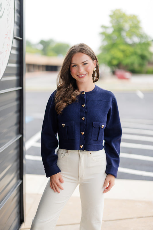 Knit Jacket w/Scallop Edge in Navy