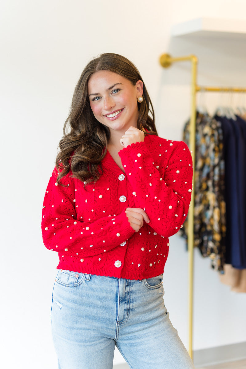 Pearl & Rhinestone Knit Cardigan