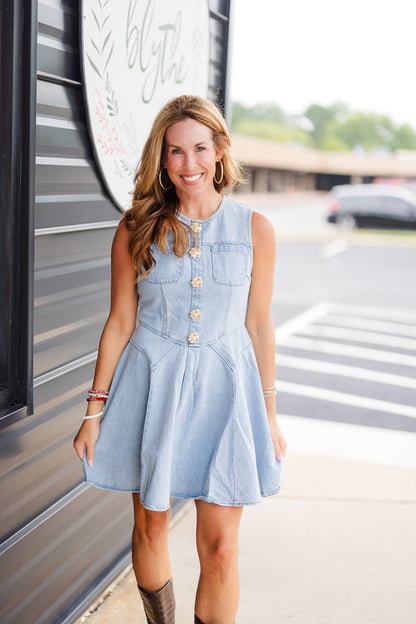 Jeweled Button Denim Dress