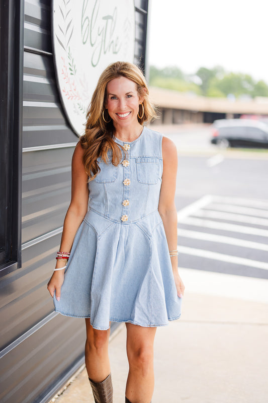 Jeweled Button Denim Dress