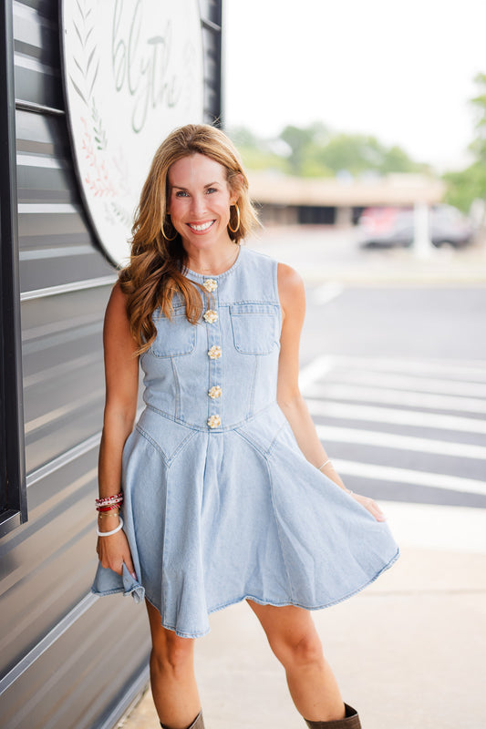 Jeweled Button Denim Dress