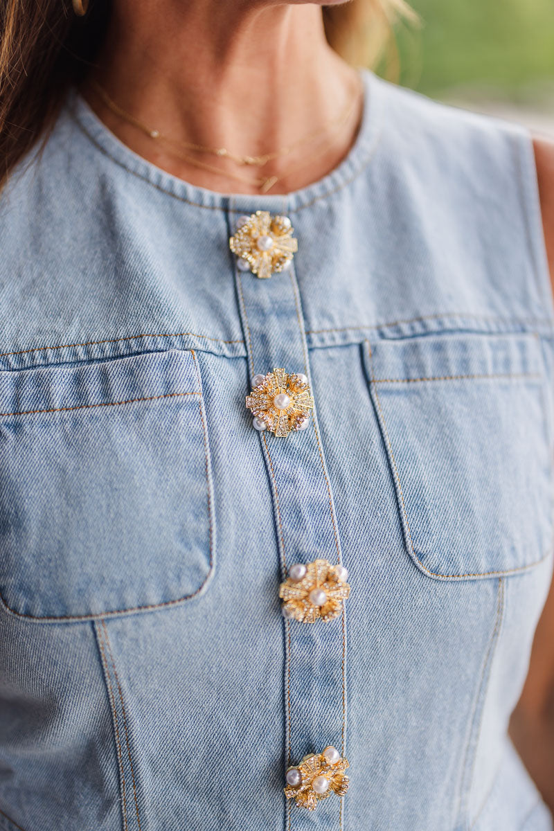 Jeweled Button Denim Dress