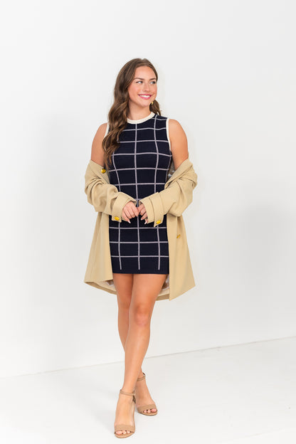 FINAL SALE Check Sleeveless Crew Dress in Marine