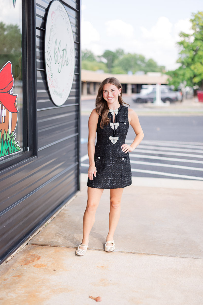 Jewel Bow Detail Tweed Mini Dress in Black