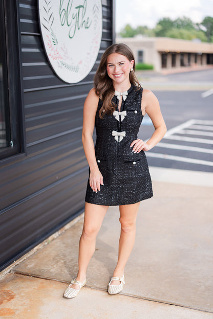 Jewel Bow Detail Tweed Mini Dress in Black