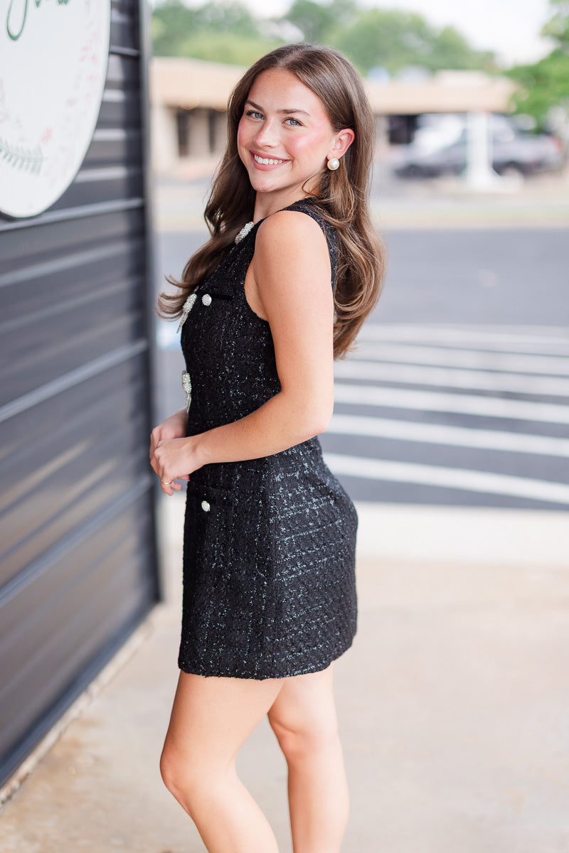 Jewel Bow Detail Tweed Mini Dress in Black