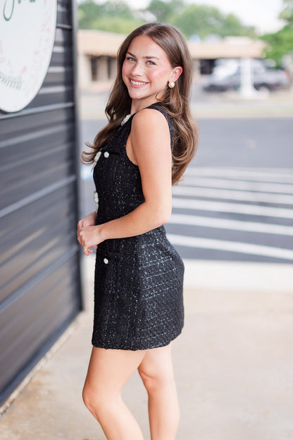 Jewel Bow Detail Tweed Mini Dress in Black