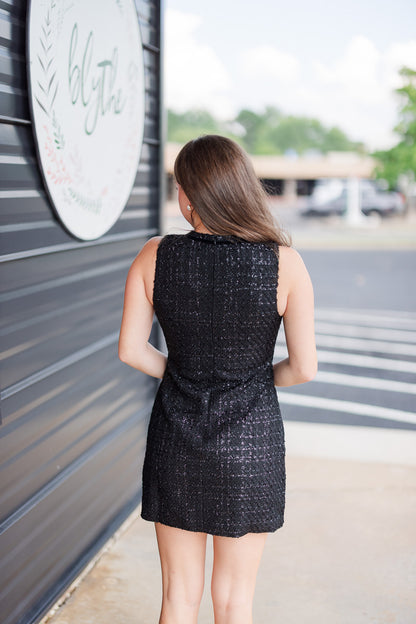 Jewel Bow Detail Tweed Mini Dress in Black