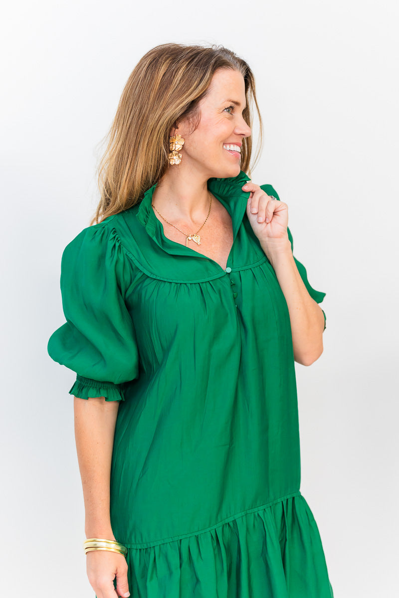FINAL SALE Yoke Buttons Flounce Dress in Emerald