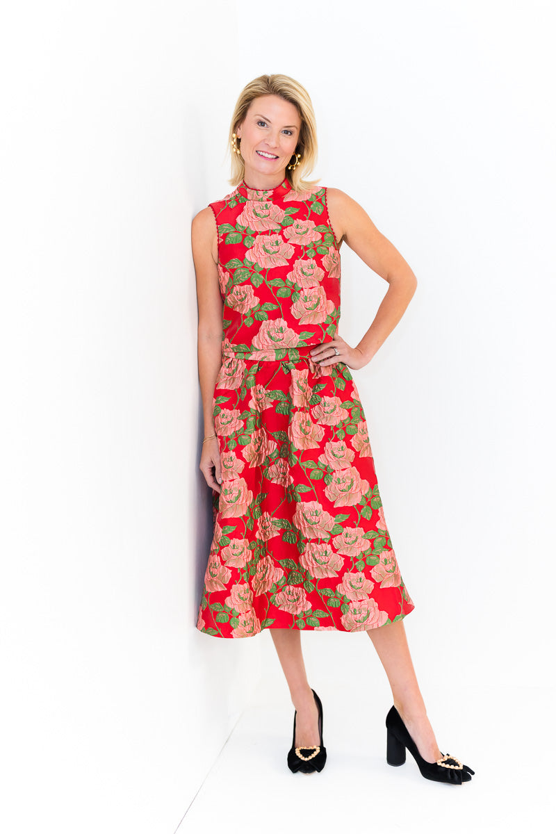 FINAL SALE Tulip Midi Skirt in Red Rose