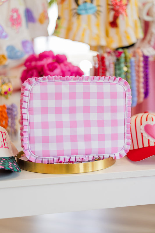 Pink Ruffle Checkered Travel Bag