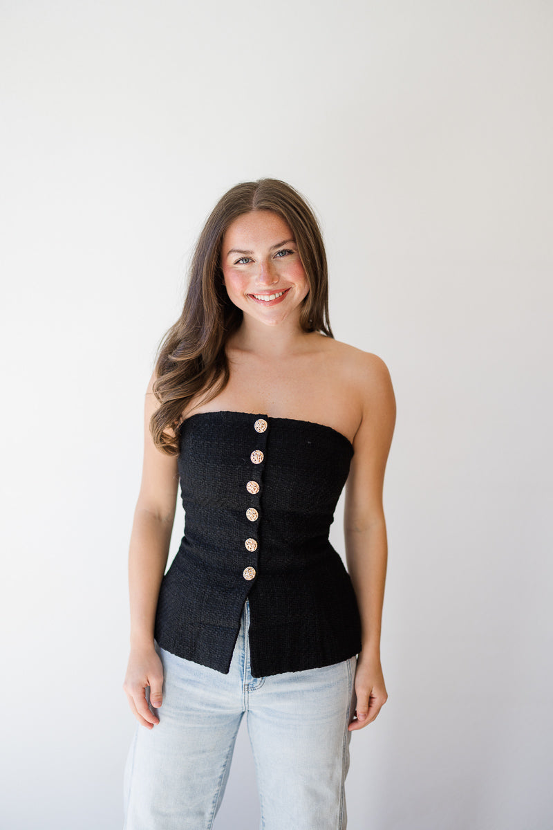 FINAL SALE Structured Tweed Strapless Top in Black