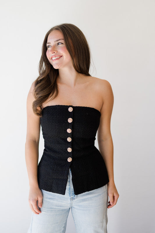Structured Tweed Strapless Top in Black